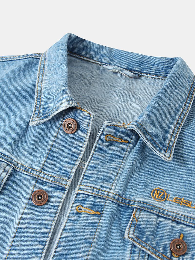 Menn Vintage Multi Pocket Lapel Langermet Blue Denim Jacket