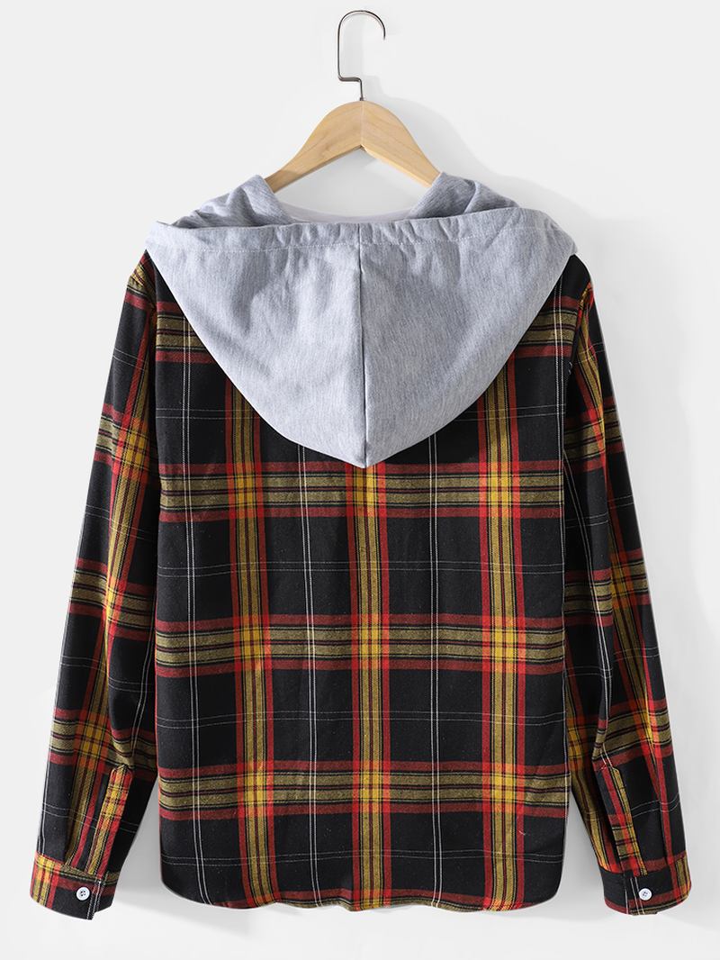 Tartan Button Up Langermet Avslappet Fit Hettejakke Med Snøring