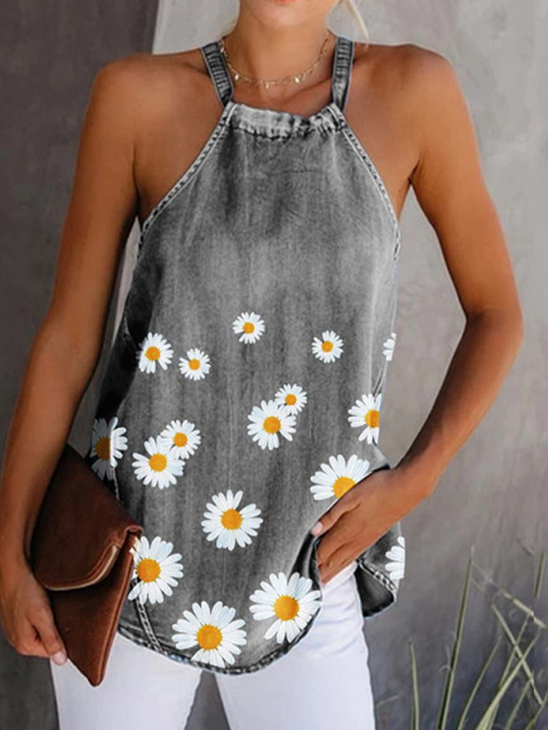 Blomstrete Med Trykk Halter Dame Fritids Denim Tank Tops