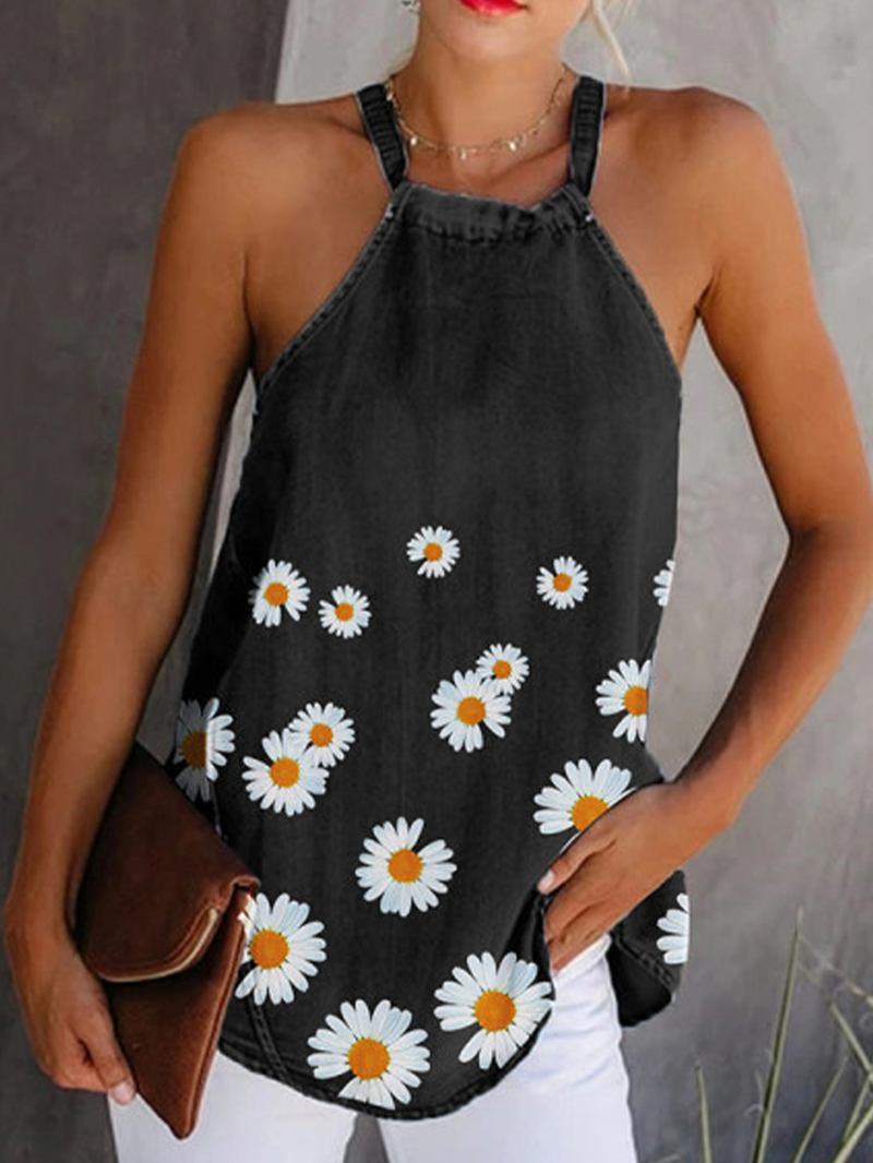 Blomstrete Med Trykk Halter Dame Fritids Denim Tank Tops