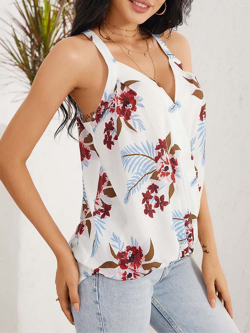 Blomstrete Med Trykk Halter V-hals Patchwork Holiday Ermeløs Tank Top