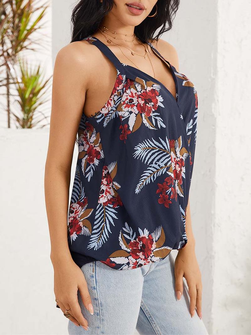 Blomstrete Med Trykk Halter V-hals Patchwork Holiday Ermeløs Tank Top