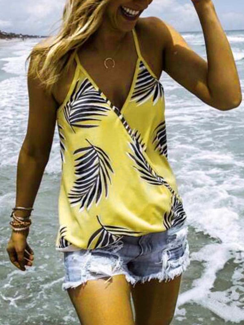 Tropical Plant Med Trykk V-hals Ermeløs Sommer Hawaii Tank Tops