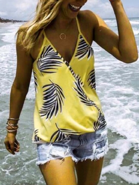 Tropical Plant Med Trykk V-hals Ermeløs Sommer Hawaii Tank Tops