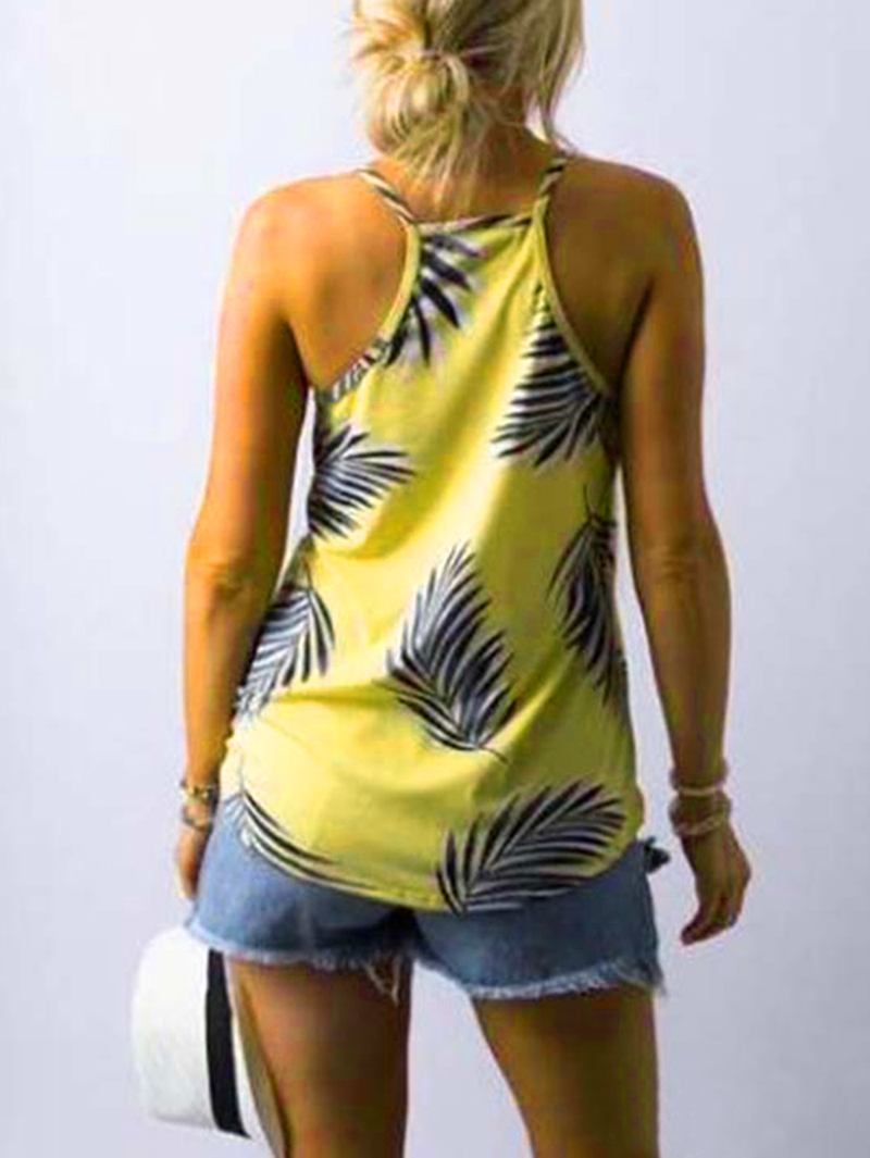 Tropical Plant Med Trykk V-hals Ermeløs Sommer Hawaii Tank Tops