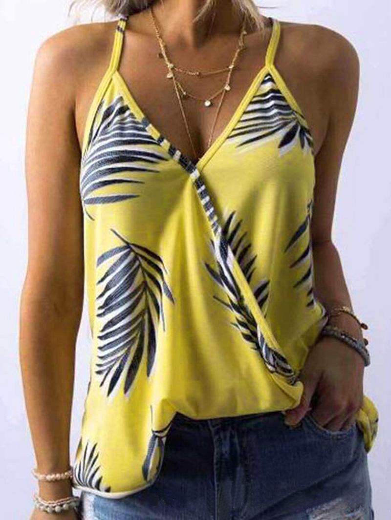 Tropical Plant Med Trykk V-hals Ermeløs Sommer Hawaii Tank Tops