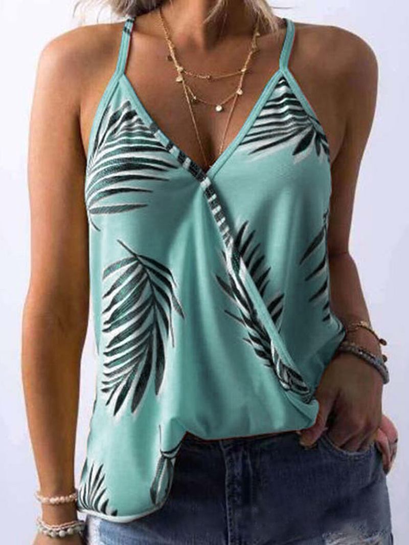 Tropical Plant Med Trykk V-hals Ermeløs Sommer Hawaii Tank Tops