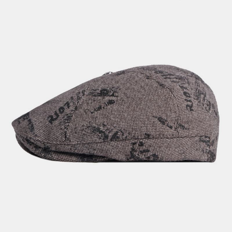 Bokstavmønster For Menn Høst Vinter Filt Ull Tykk Varm Beret Cap Britisk Retro Middelaldrende Eldre Øreklaffer Ørebeskyttelse Vindtett Flat Hat