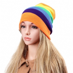 Dame Luer Stripete Regnbuefarger Lue Strikkede Luer I Bomull Myk Lue Gorro-lue