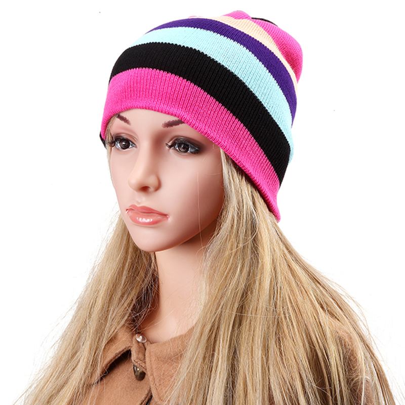 Dame Luer Stripete Regnbuefarger Lue Strikkede Luer I Bomull Myk Lue Gorro-lue