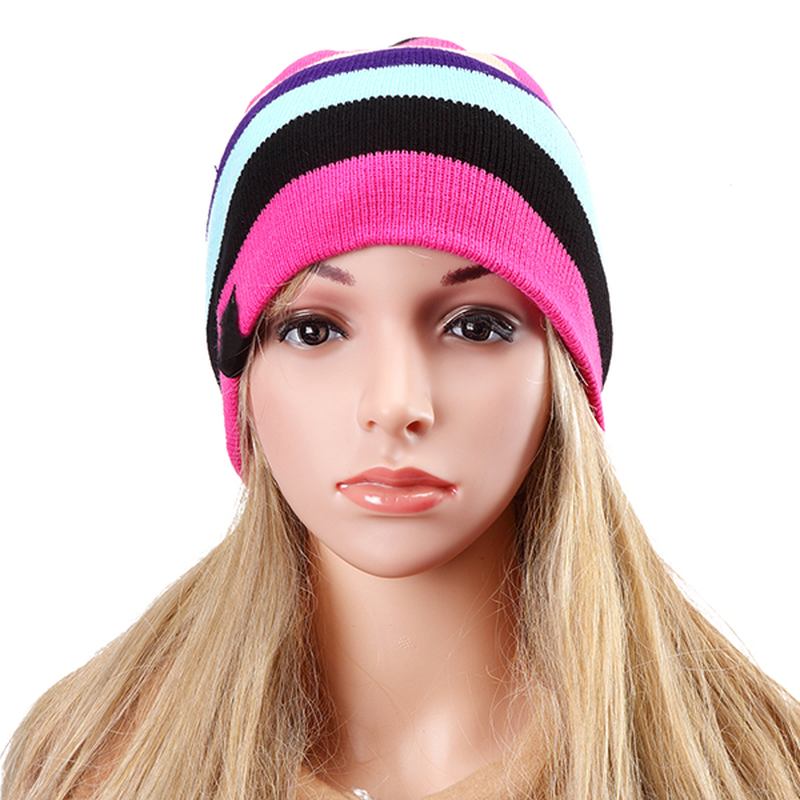 Dame Luer Stripete Regnbuefarger Lue Strikkede Luer I Bomull Myk Lue Gorro-lue