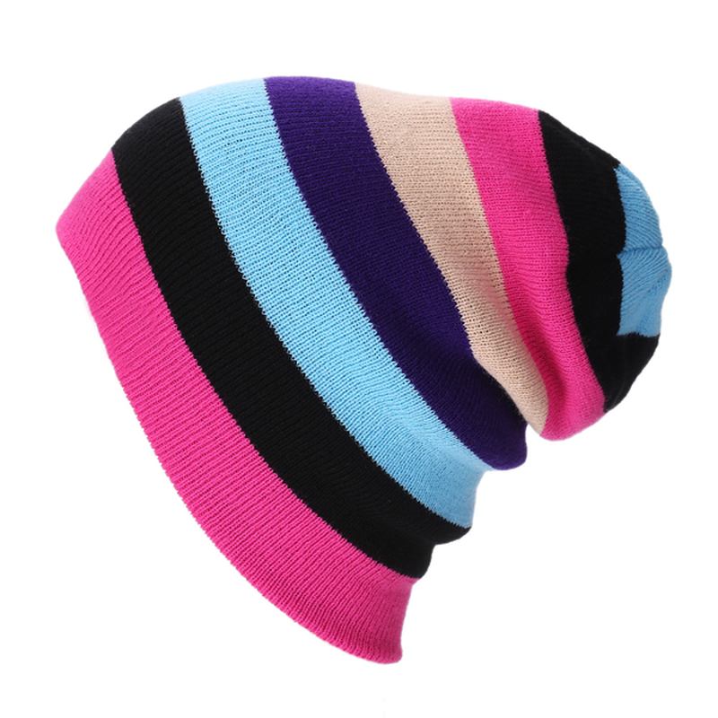 Dame Luer Stripete Regnbuefarger Lue Strikkede Luer I Bomull Myk Lue Gorro-lue