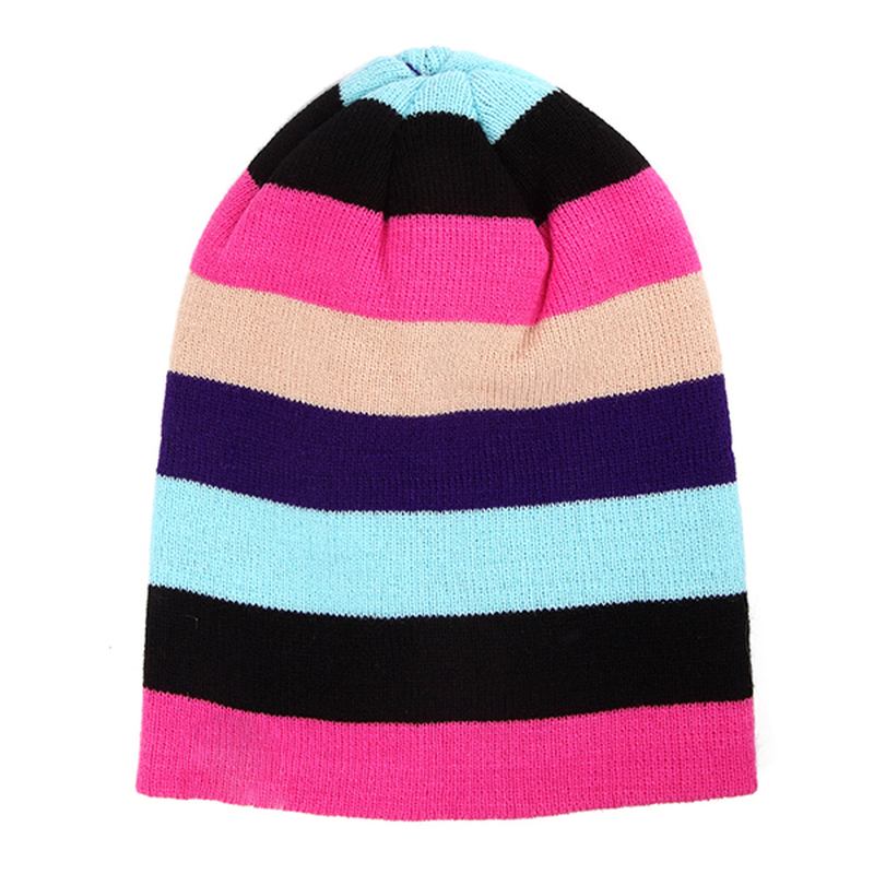 Dame Luer Stripete Regnbuefarger Lue Strikkede Luer I Bomull Myk Lue Gorro-lue