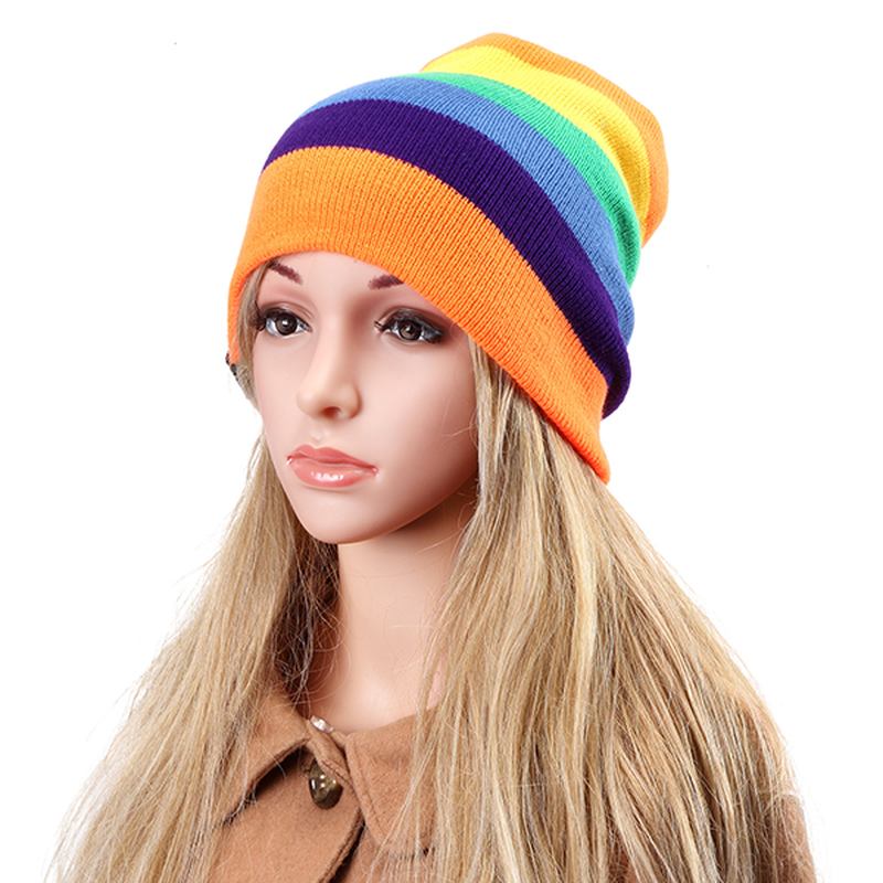 Dame Luer Stripete Regnbuefarger Lue Strikkede Luer I Bomull Myk Lue Gorro-lue