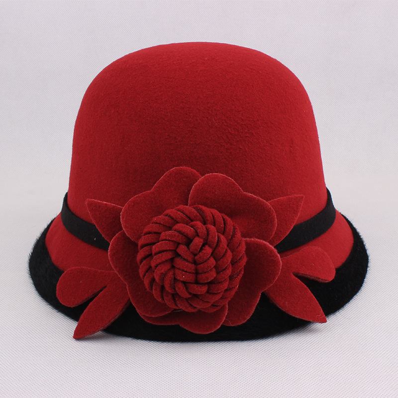 Dame Varm Ull Bowler Hat Blomstrete Ethnic Bucket Hat