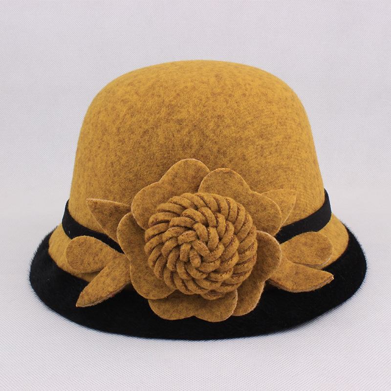 Dame Varm Ull Bowler Hat Blomstrete Ethnic Bucket Hat