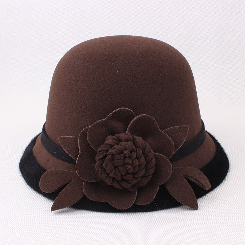 Dame Varm Ull Bowler Hat Blomstrete Ethnic Bucket Hat