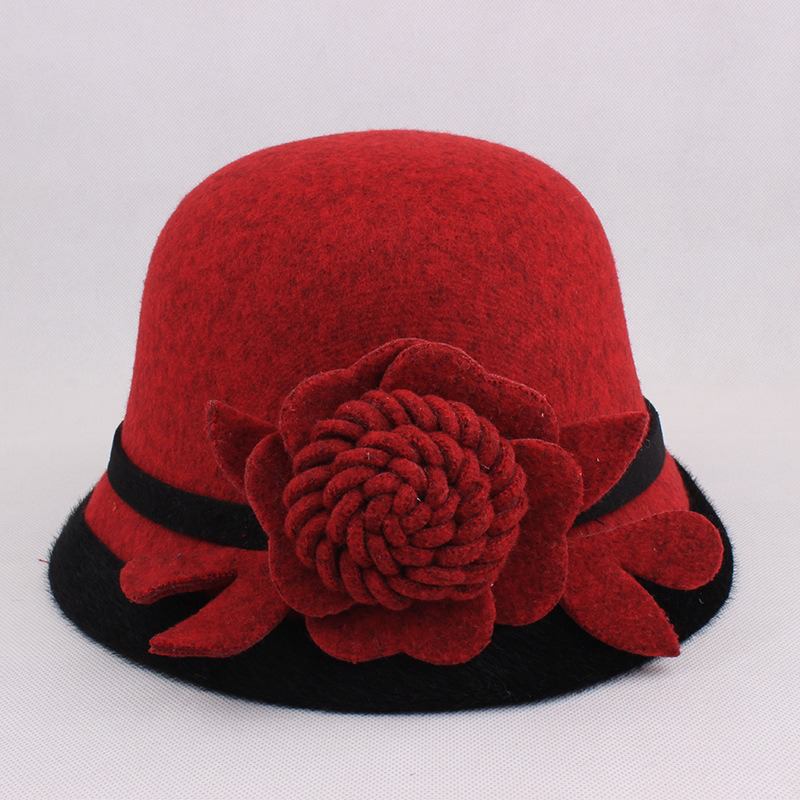 Dame Varm Ull Bowler Hat Blomstrete Ethnic Bucket Hat