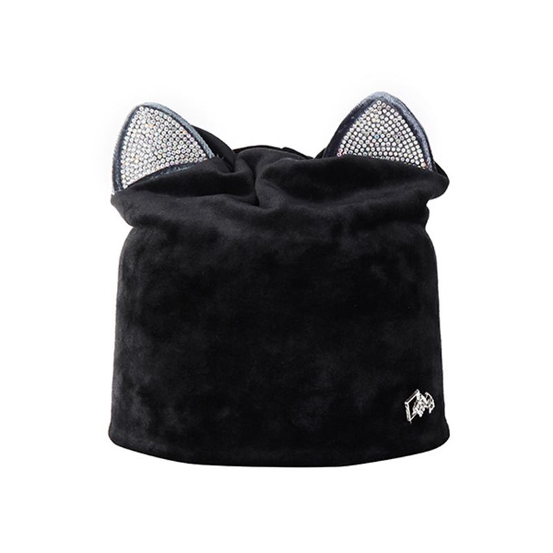 Dame Velour Rhinestone Deco Katt Ear Vindtett Beanie Cap