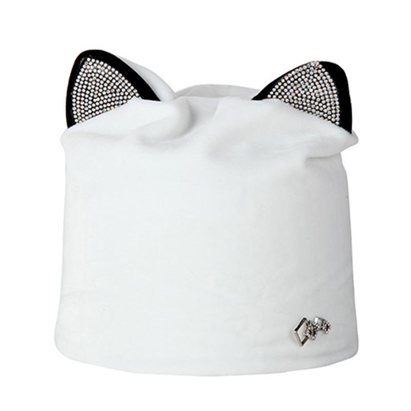 Dame Velour Rhinestone Deco Katt Ear Vindtett Beanie Cap