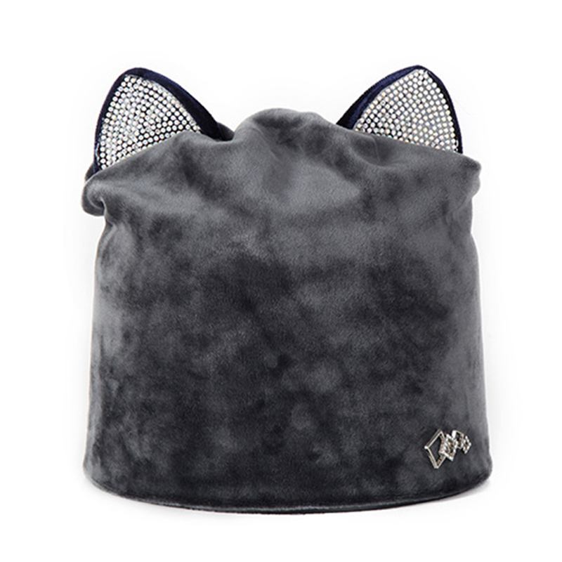 Dame Velour Rhinestone Deco Katt Ear Vindtett Beanie Cap