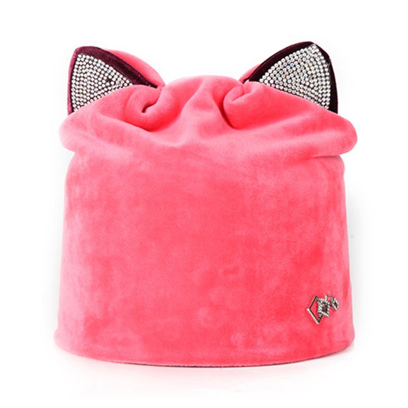 Dame Velour Rhinestone Deco Katt Ear Vindtett Beanie Cap