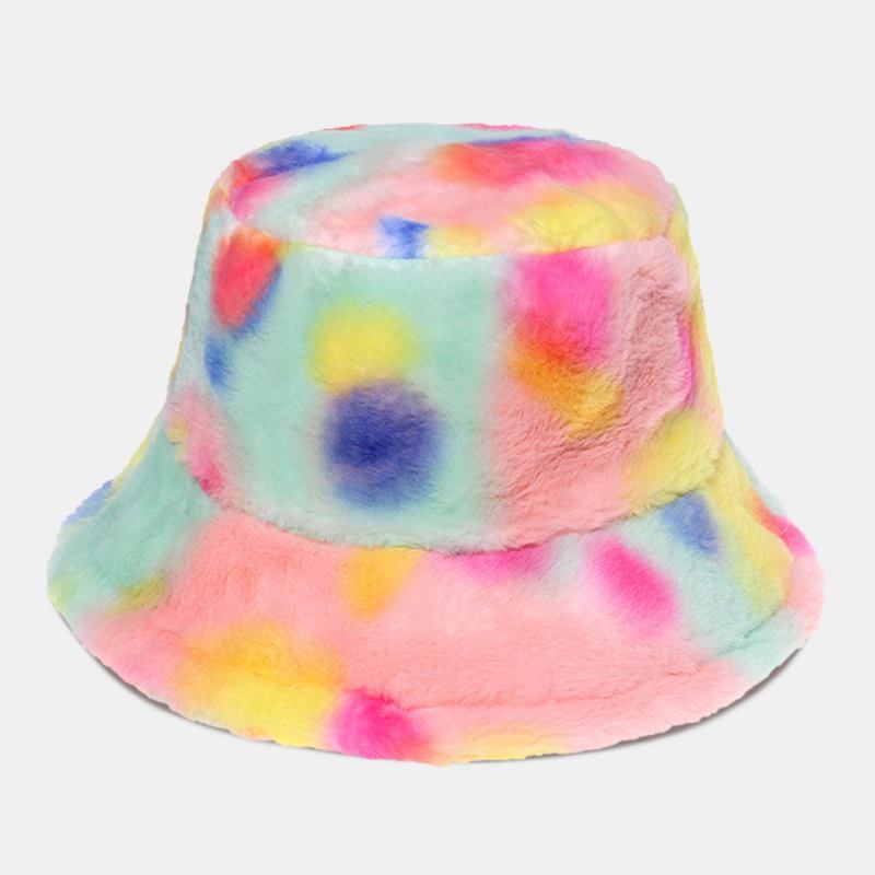 Damefarget Tie-dye Fluffy Thicken Vinter Varm Bøttelue Fusket Kaninpels Utendørs Uformell Vindtett Cool-protection Hat