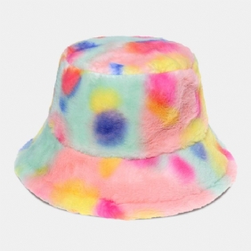 Damefarget Tie-dye Fluffy Thicken Vinter Varm Bøttelue Fusket Kaninpels Utendørs Uformell Vindtett Cool-protection Hat