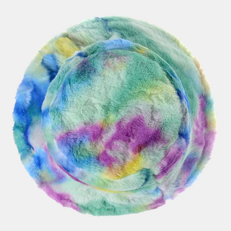 Damefarget Tie-dye Fluffy Thicken Vinter Varm Bøttelue Fusket Kaninpels Utendørs Uformell Vindtett Cool-protection Hat