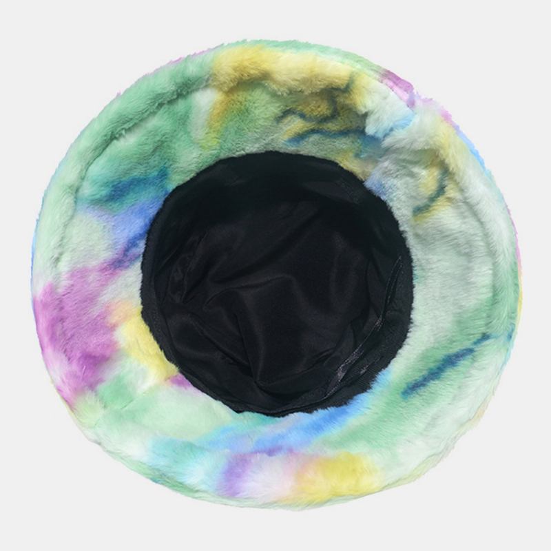 Damefarget Tie-dye Fluffy Thicken Vinter Varm Bøttelue Fusket Kaninpels Utendørs Uformell Vindtett Cool-protection Hat