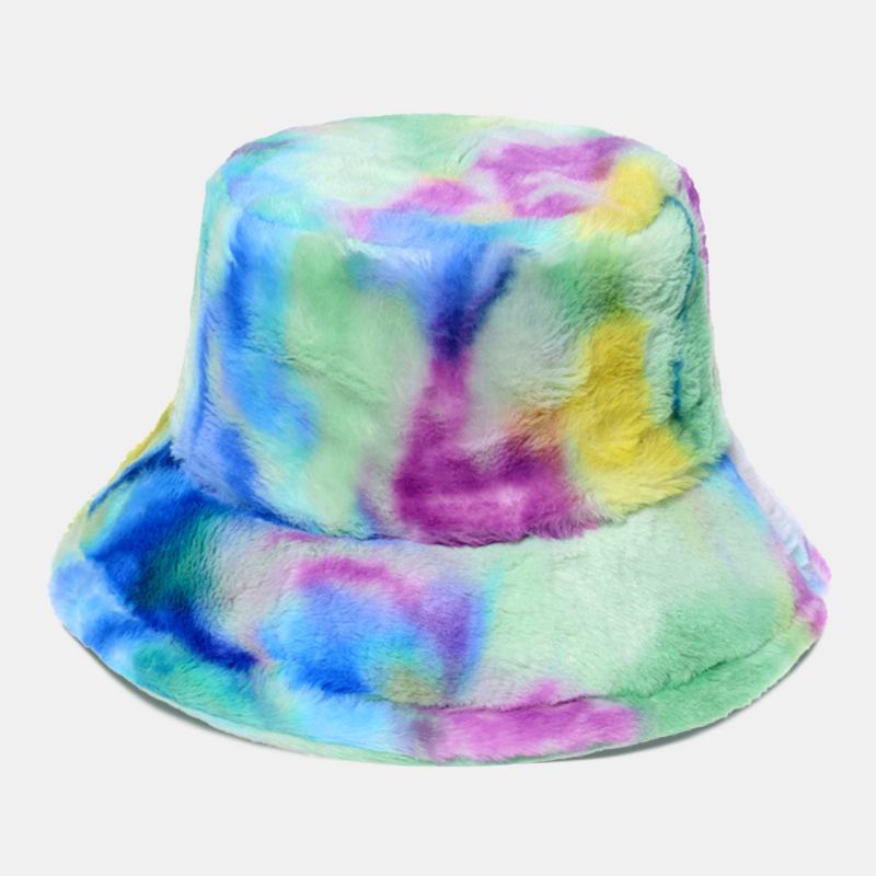 Damefarget Tie-dye Fluffy Thicken Vinter Varm Bøttelue Fusket Kaninpels Utendørs Uformell Vindtett Cool-protection Hat