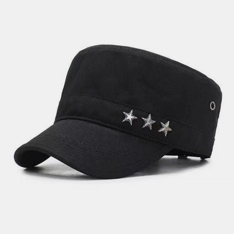 Herre Ensfarget Femspiss Stjerneetikett Med Pustende Hull Design Army Cap Kadetthatt Uformell Solskjerm Militær Cap Flat Top Cap