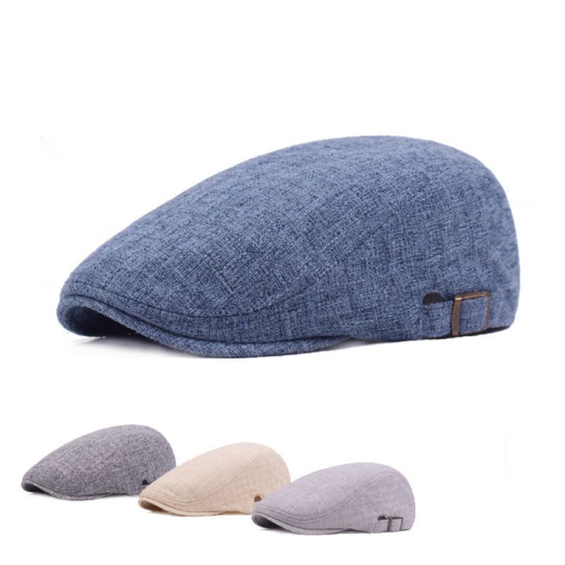 Herre Lin Solid Beret Caps Fritids Newsboy Forward Hat Gorras