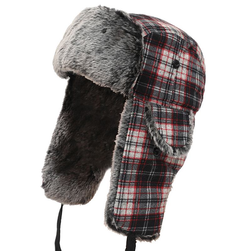 Herre Rutete Pluss Fløyel Øreklokker Ushanka Trapper Hat