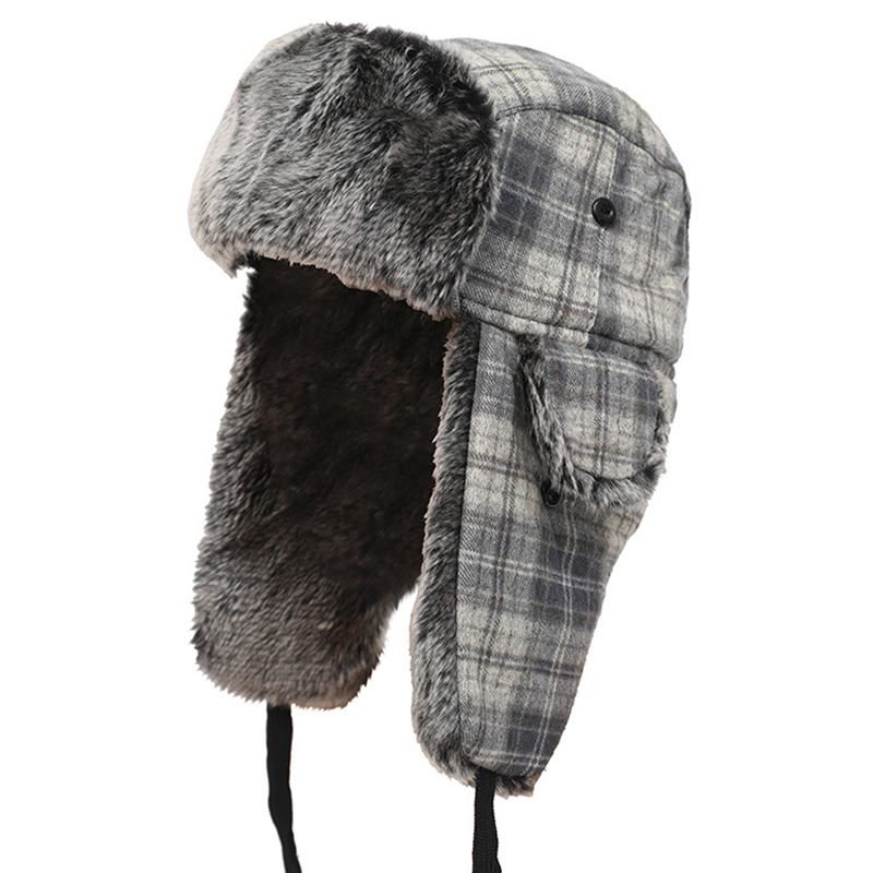 Herre Rutete Pluss Fløyel Øreklokker Ushanka Trapper Hat