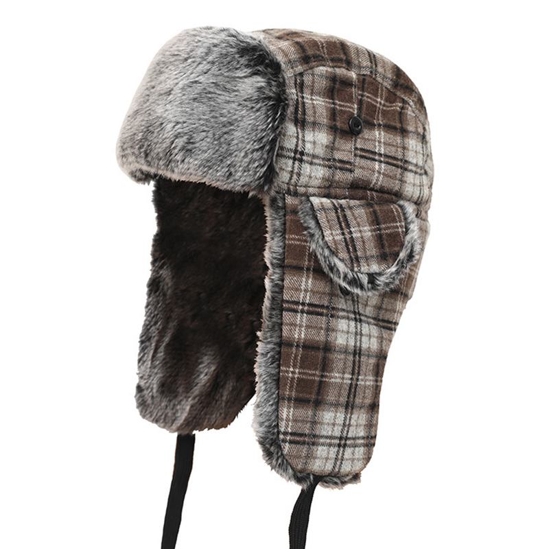 Herre Rutete Pluss Fløyel Øreklokker Ushanka Trapper Hat