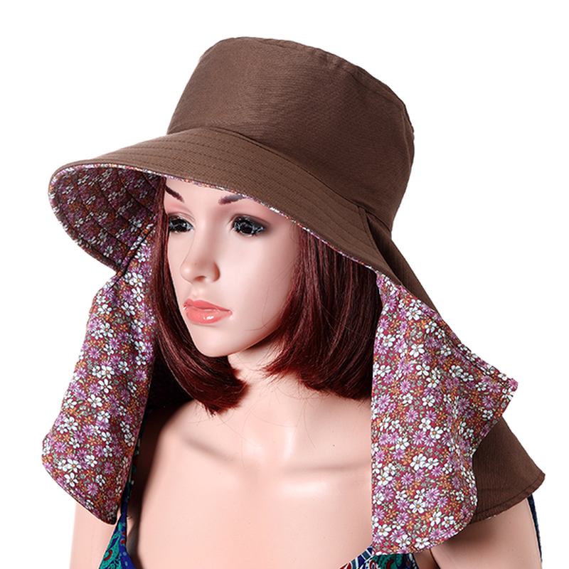 Kvinner Ansikt Hals Beskyttelse Bred Brim Beach Hat Dobbel-side Blomstrete Med Trykk Outdoor Hagearbeid Caps