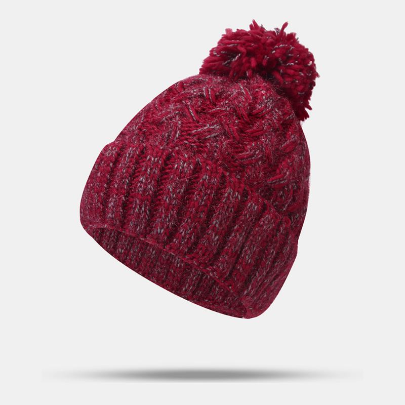 Kvinner Blandet Farge Strikket Pluss Velvet Thicken Fluffy Ball Varme Ørebeskyttelse Beanie Hat