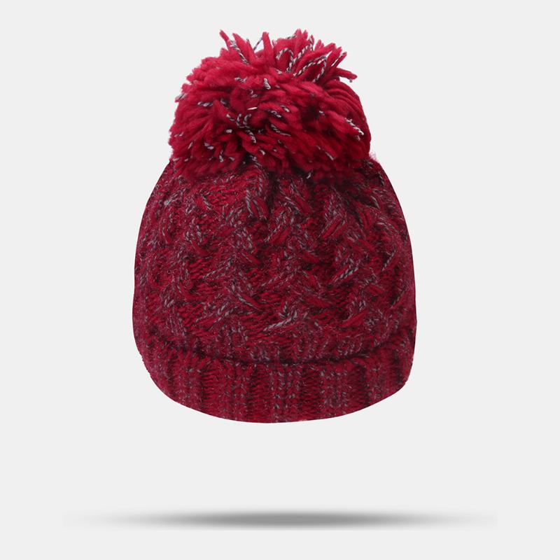 Kvinner Blandet Farge Strikket Pluss Velvet Thicken Fluffy Ball Varme Ørebeskyttelse Beanie Hat