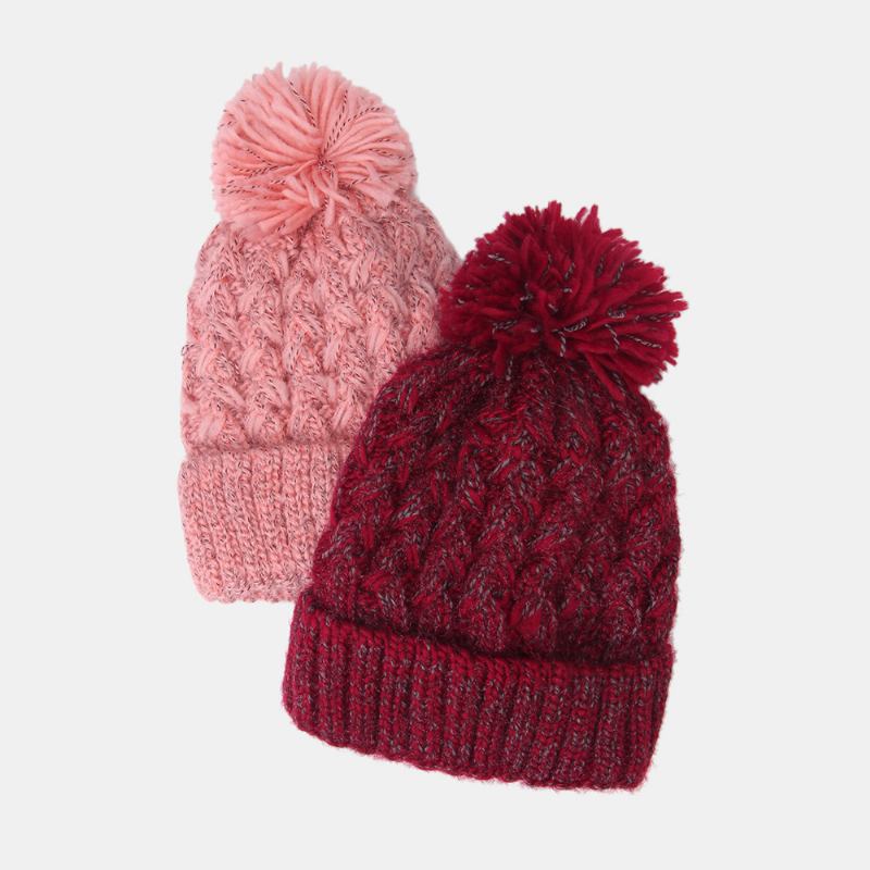 Kvinner Blandet Farge Strikket Pluss Velvet Thicken Fluffy Ball Varme Ørebeskyttelse Beanie Hat