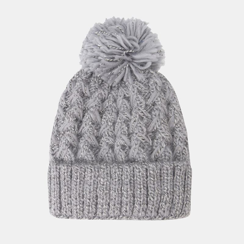 Kvinner Blandet Farge Strikket Pluss Velvet Thicken Fluffy Ball Varme Ørebeskyttelse Beanie Hat