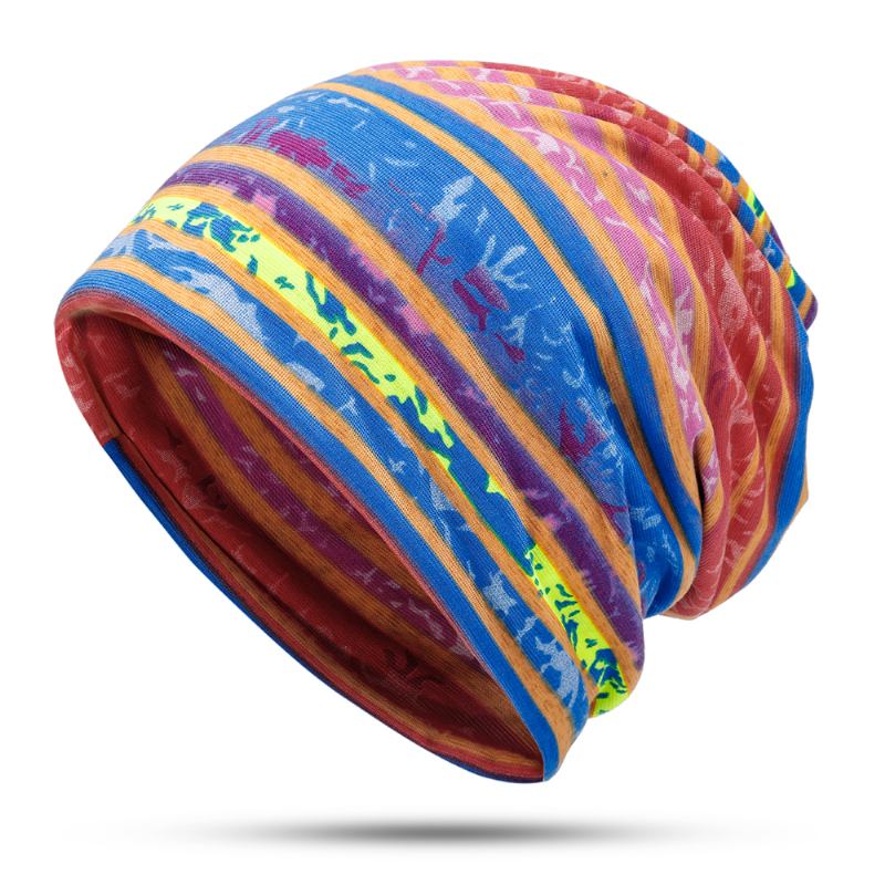 Kvinner Bomull Øreklokker Rainbow Stripe Beanie Hat Skjerf