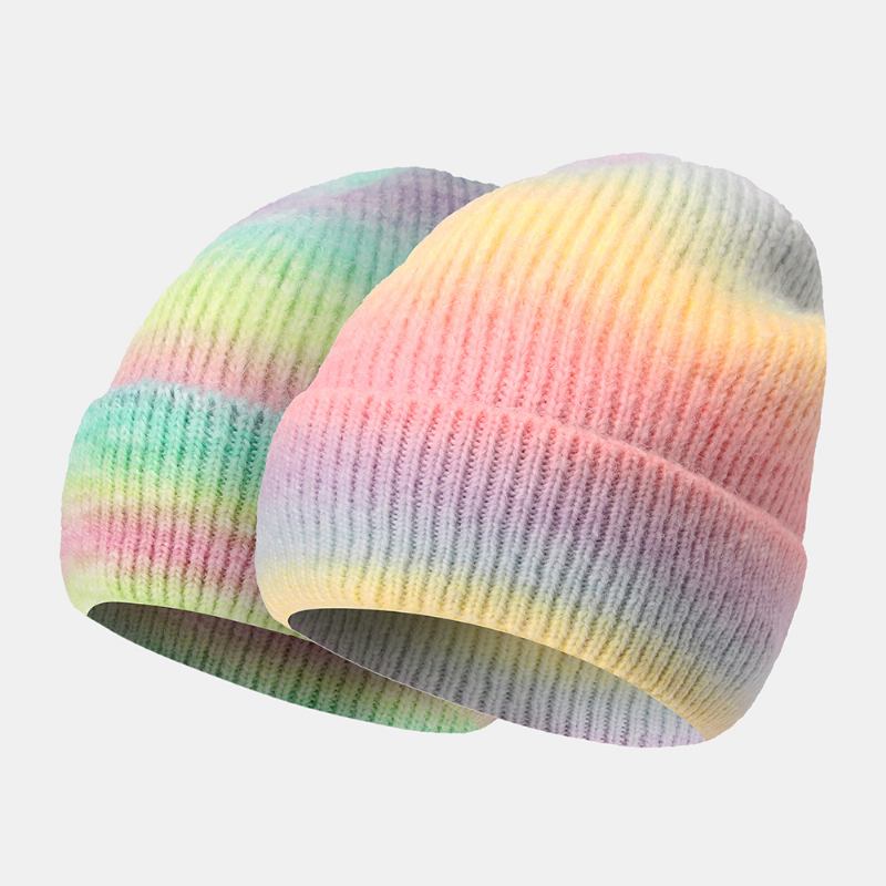 Kvinner Gradient Høst Vinter Varm Strikket Lue Personlighet Wild Flanging Ørebeskyttelse Beanie Hat