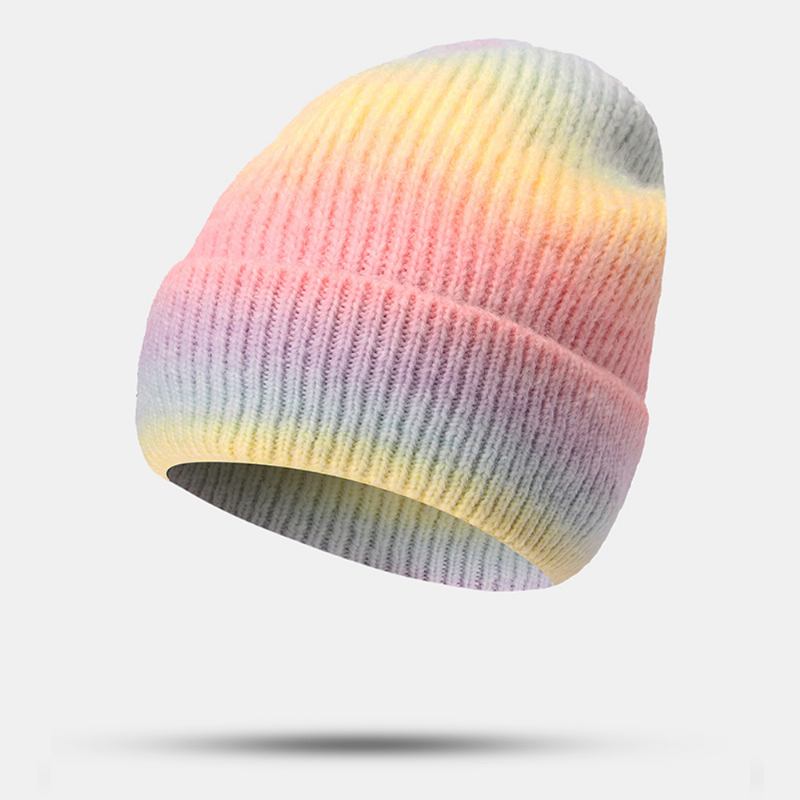 Kvinner Gradient Høst Vinter Varm Strikket Lue Personlighet Wild Flanging Ørebeskyttelse Beanie Hat