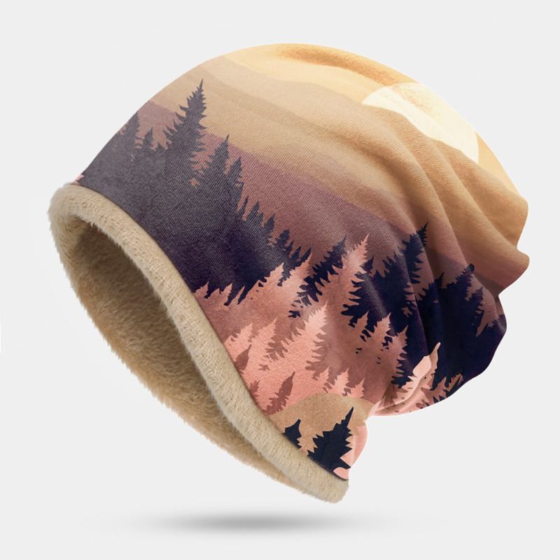 Kvinner Pluss Velvet Mountain Treetop Med Trykk Mønster Myk Personlighet Pustende Turban Cap Beanie