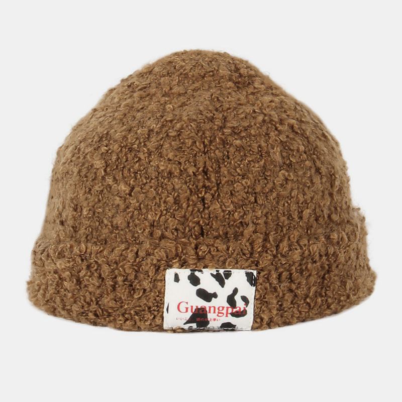 Kvinner Teddy Velvet Ensfarget Ku Mønster Brev Cloth Label Warm Beanie Hat