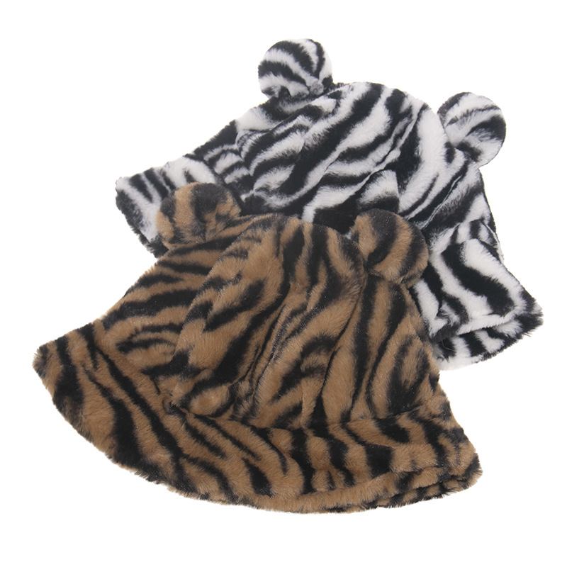 Leopard Med Trykk Bear Ear Ball Plysj Fisherman Hat