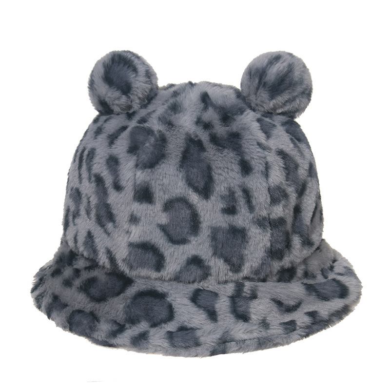 Leopard Med Trykk Bear Ear Ball Plysj Fisherman Hat