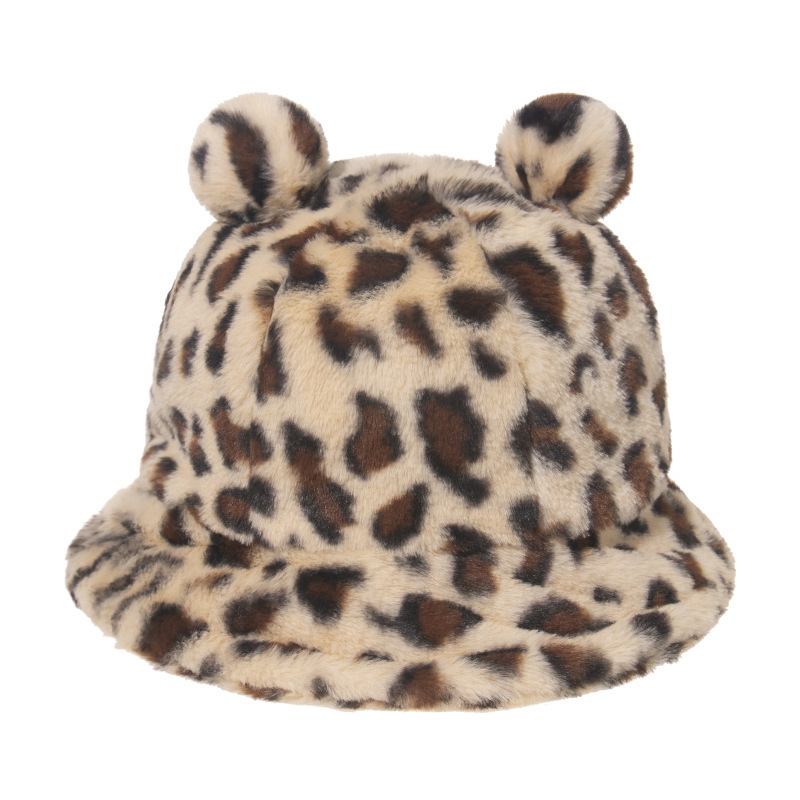 Leopard Med Trykk Bear Ear Ball Plysj Fisherman Hat