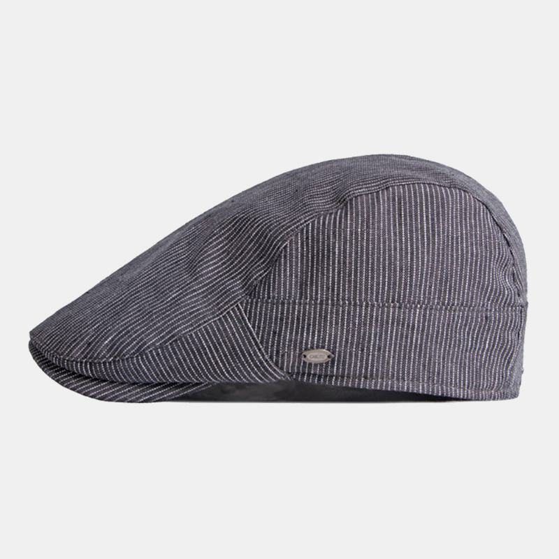 Menn Bomull Lin Pinstripe Beret Cap Britisk Retro Metalletikett Justerbar Fritids Flat Cap